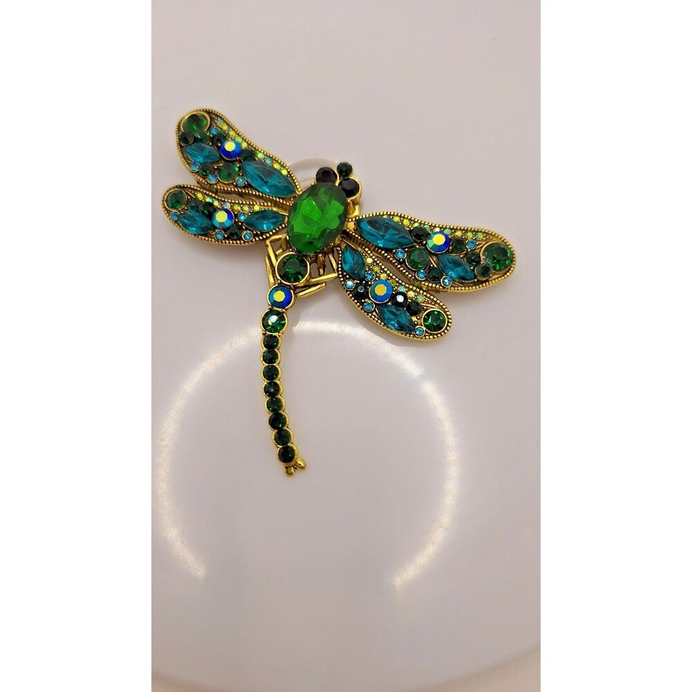 BEAUTIFUL Rhinestone Dragonfly Brooch Pin Large‎ Size Blues and Greens